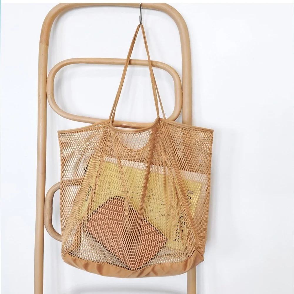 Taupe Mesh Beach Tote Womens Lightweight Shopping Shoulder Handbag - Picture 4 of 8